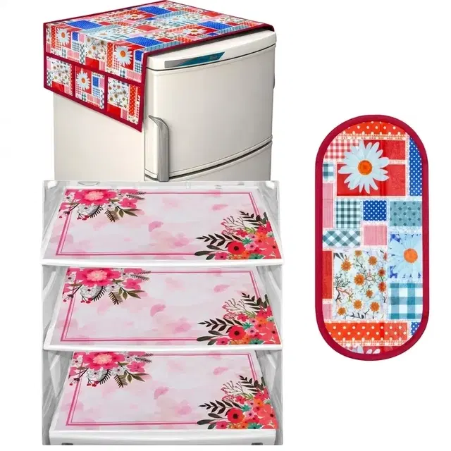 Waterproof Fridge Cover, With 3xFridge Mat And 1 xHandle Cover Pack Of 5 Red Abstract