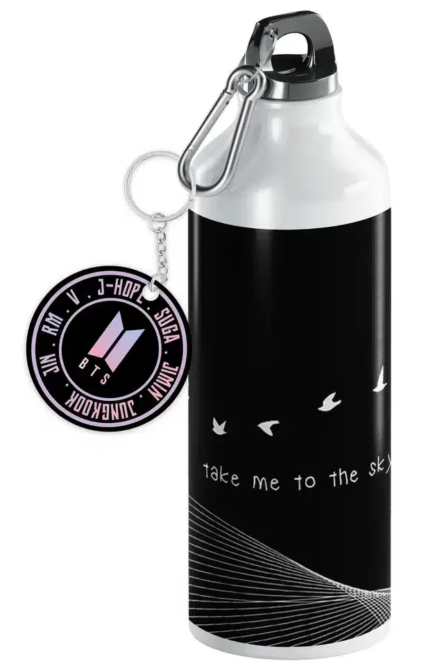 BTS Army Logo Aluminium Printed Sipper Bottle with Keychain, Pack of 2, Multicolor, 750 ml, Gt-128
