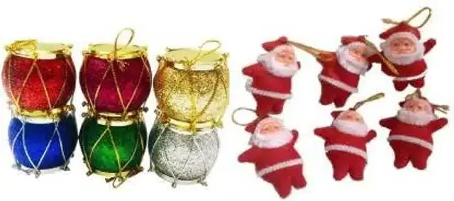 6 Pcs Santa with 6 Pcs Drum Christmas Decoration, Multicolor, Set of 12
