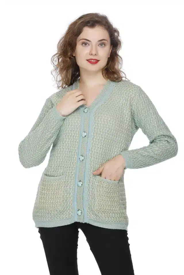 Woolen Silky Yarn Cardigan for Women (Green, L, Free Size)