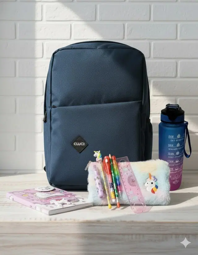 Polyester Backpack, Water Bottle, Unicorn Notebook, Plush Journal, & Rainbow Stationery Kit, Multicolour, Set of 1