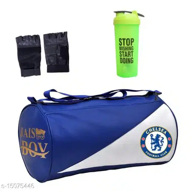 Combo of Gym Bag with Shaker Bottle, 600 ml, Gloves, Multicolor, Set of 3