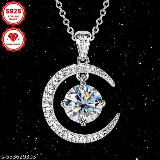 Sparkling Cubic Zirconia Sterling Silver Moon and Star Pendant Necklace
