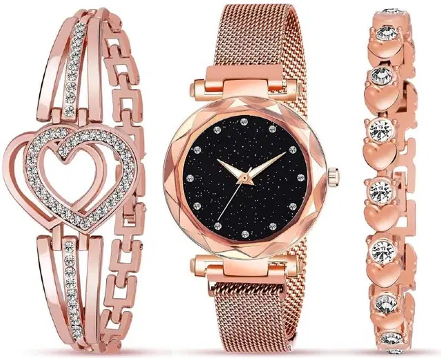 Round Dial Analog Watch with Bracelet for Women, Gold (Set of 3)