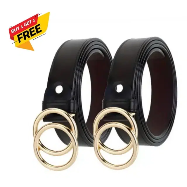 Faux Leather Belt for Women, Pack of 2 (Gold & Black)