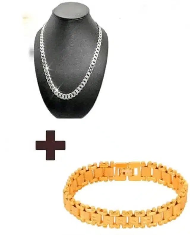 Designer Chain with Bracelet for Men & Boys, Set of 2 (Gold & Silver)