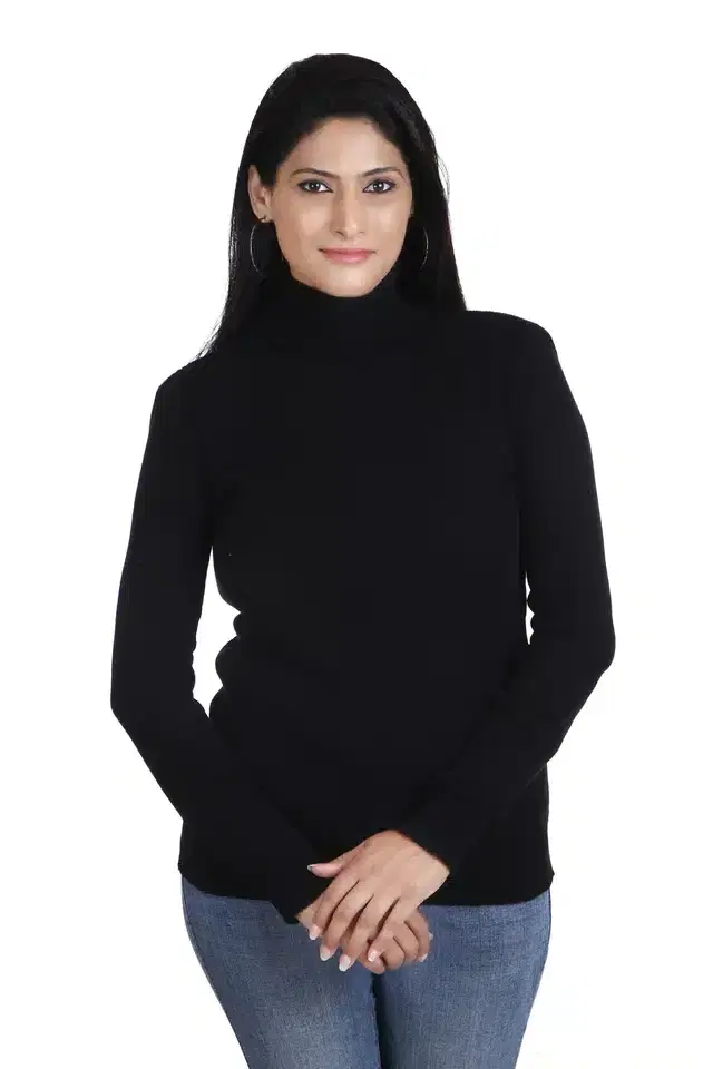 Full Sleeves High Neck Sweater for Women (Black, S)