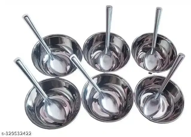 Stainless Steel 6 Pcs Bowls with 6 Pcs Spoon, Silver, Set of 2
