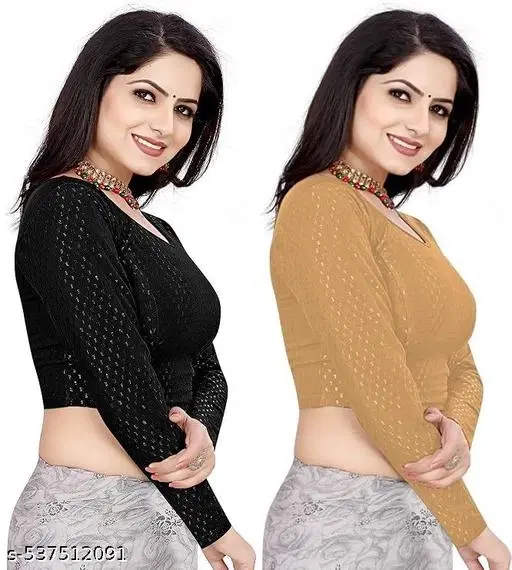 Lycra Ready Made Blouse for Women, Black & Yellow, Pack of 2 (26)