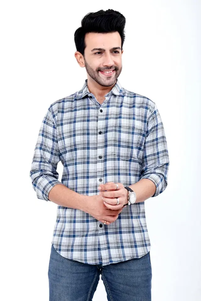Cotton Blend Checked Shirt for Men, Grey (XXL)