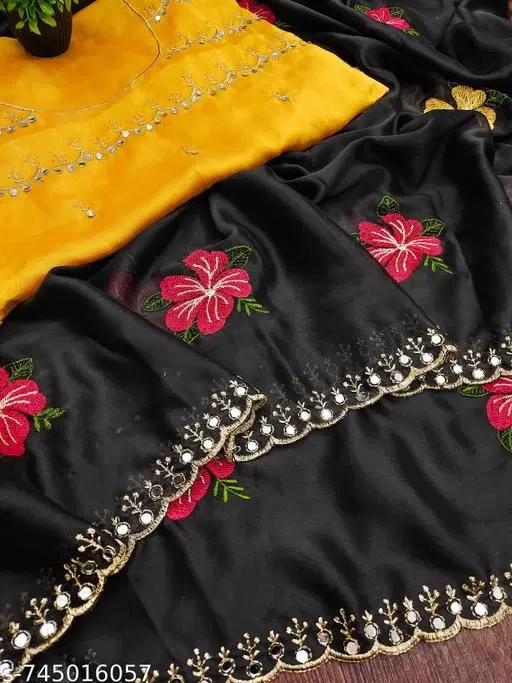 Beads & Stones Floral Bangalori Silk Sewing & Embroidery (Black, Free Size)