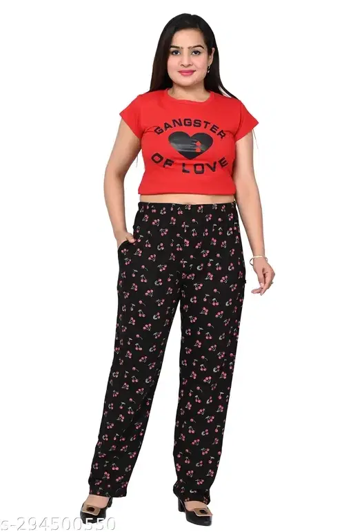 Fancy Ladies Printed Night Pajama, Black (S)