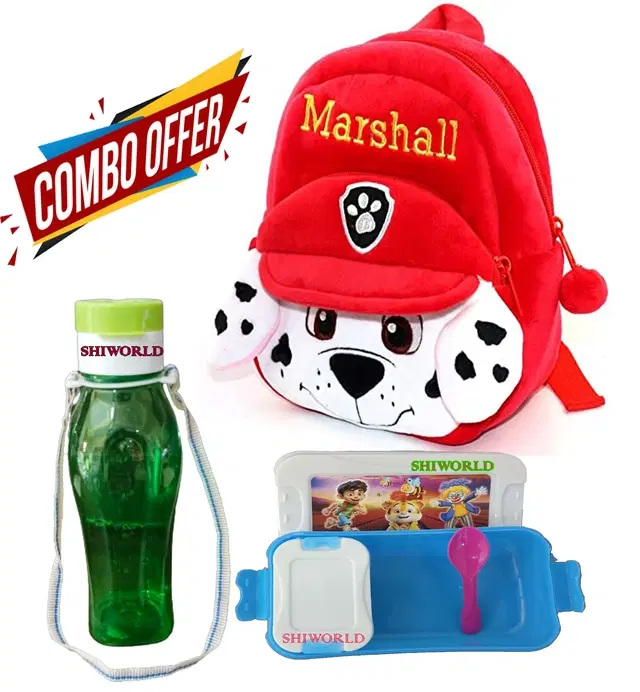 Combo of Fabric School Bag, Water Bottle with Lunch Box for Kids, Multicolor, Set of 3