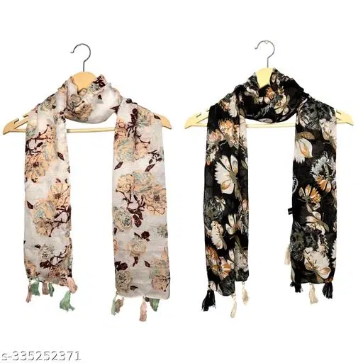 Printed Chiffon Scarves with Tassels for Women, Multicolor, Pack of 2