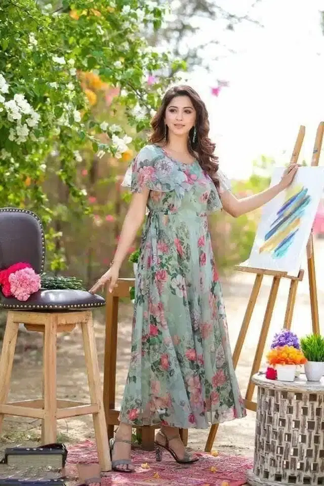 Printed Gown for Women (Sea Green, M)