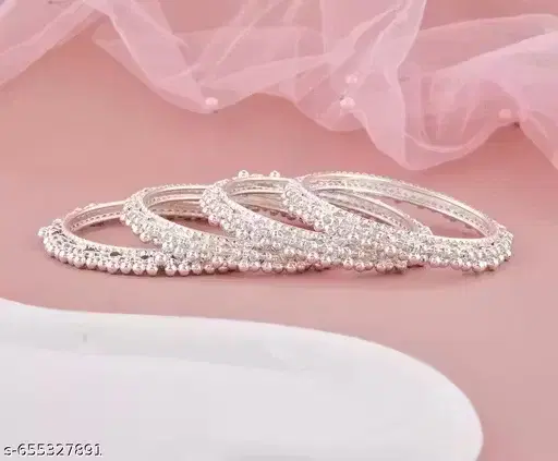 Silver Plated Alloy Bangles for Women, Silver, Pack of 4 (2.4)