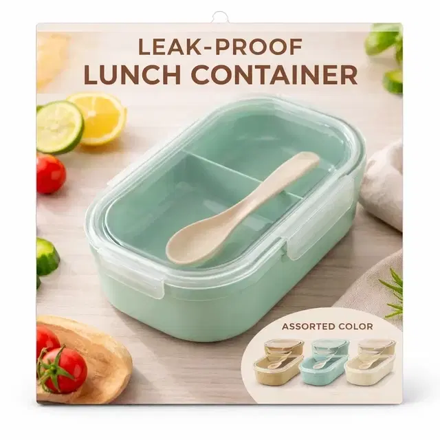 Plastic bento-style lunch boxes with spoon. Assorted Any 1 Colour