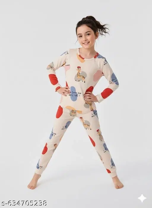 Cotton Blend Night Suit for Girls (Cream, 14-15 Years)