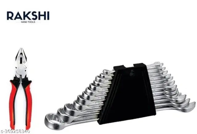 Combination Wrench Hand Tool Set, 12 Pcs with Cutting Plier, Silver & Red, Set of 2