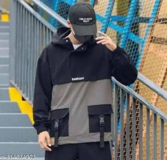 Nylon Full Sleeves Solid Jacket for Men (Black & Grey, L)