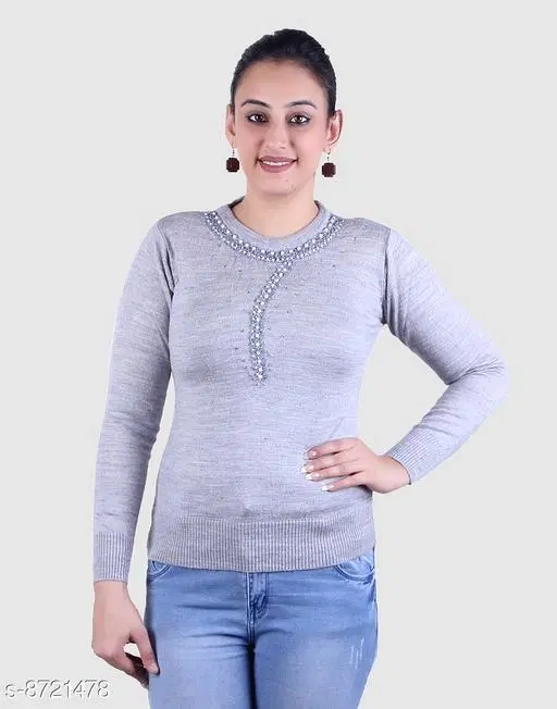 Acrylic Embellished Sweater for Women (Grey, M)
