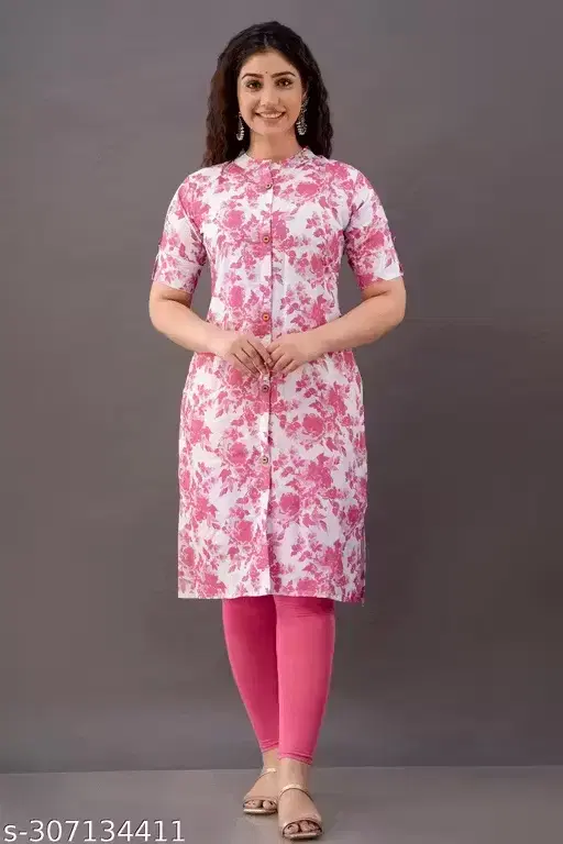 Floral Print Straight Cotton Blend Kurtis for Women ,Pink (M)