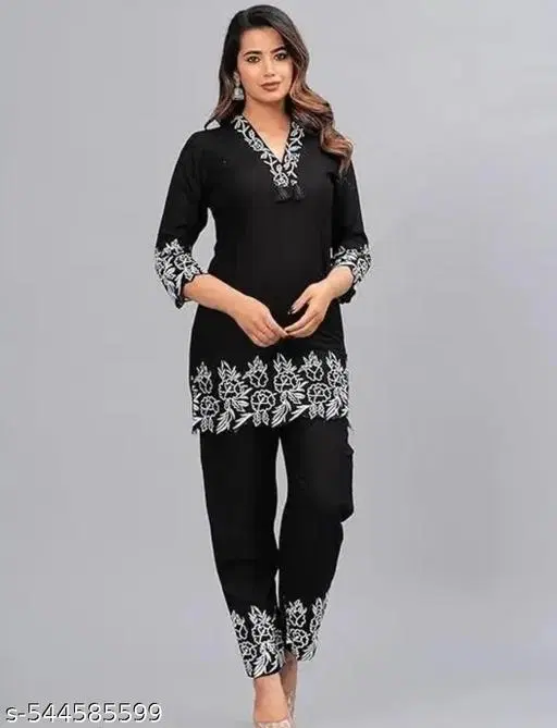 Rayon Embroidery Kurta With Bottom wear for Women (Black, XL)