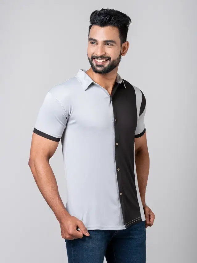 Lycra solid Shirt for Men, Grey & Black (S)