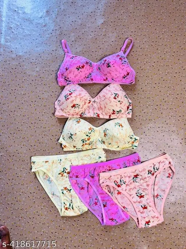 Cotton Blend Printed Lingerie Set for Women, Pack of 3 (Multicolor, 32A)