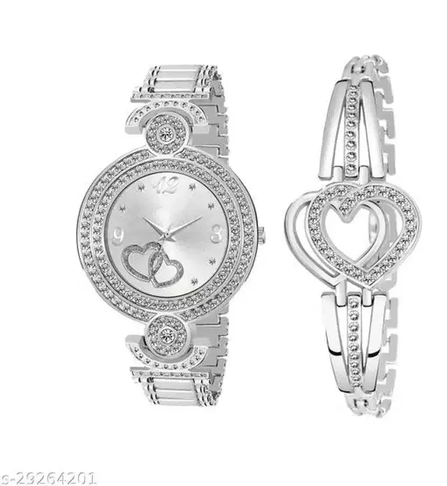 Analog Watch with Bracelet for Women, Set of 2 (Multicolor)
