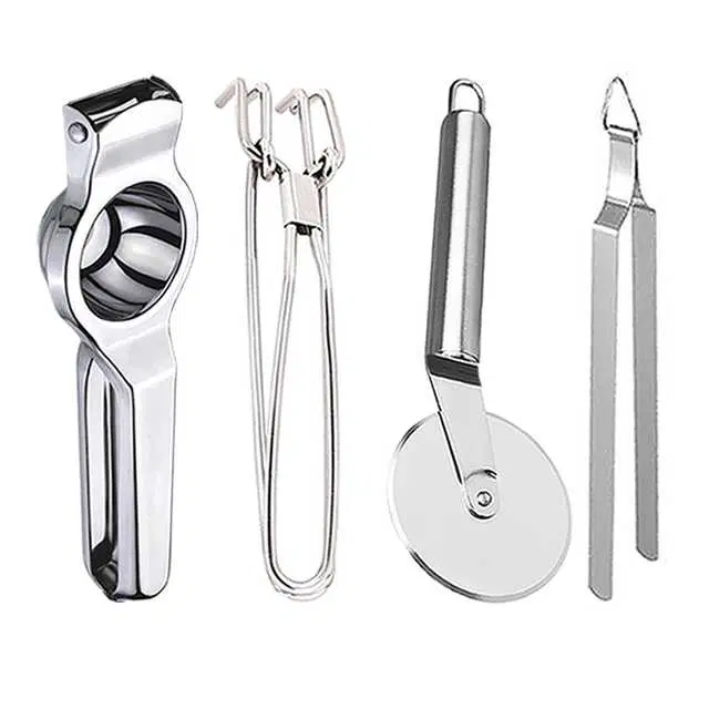 Stainless Steel Lemon Squeezer & Pakkad & Pizza Cutter & Roti Chimta For Kitchen, Set of 4, OC-051