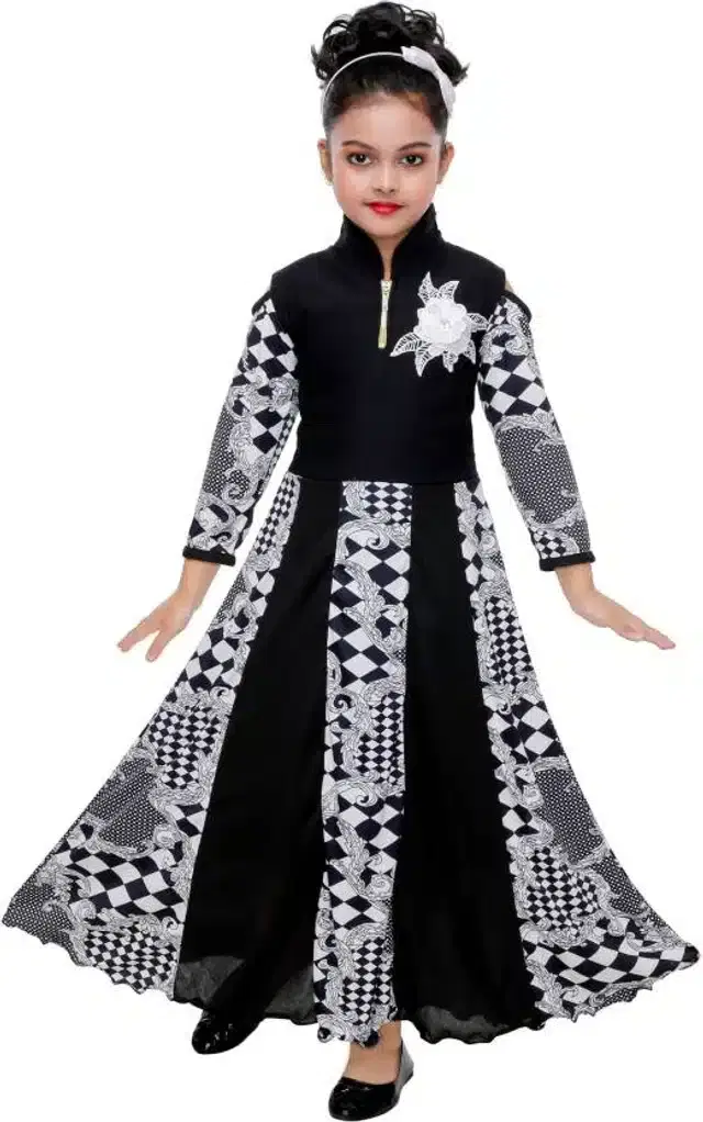 Printed Long Gown for Girls (Black, 2-3 Years)