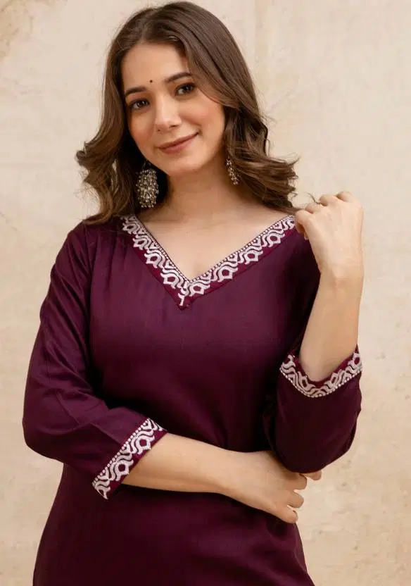 Viscose Rayon Solid Kurti for Women, Wine (S)