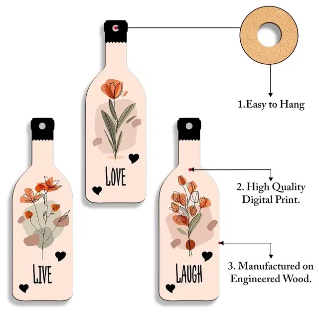 Kc Arts Live Love Laugh Mdf Bottle Wall Hanging Set Of 3