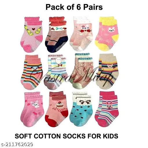 Cotton Socks for Kids, Set of 6 (Multicolor, 0-3 Months)