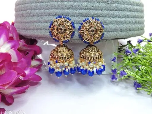 Gold Antique Statement Jhumkha for Women (Blue, Free Size)