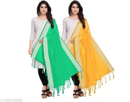 Solid Cotton Silk Dupatta with Tassels for Women, Pack of 2 (Green, One Size)