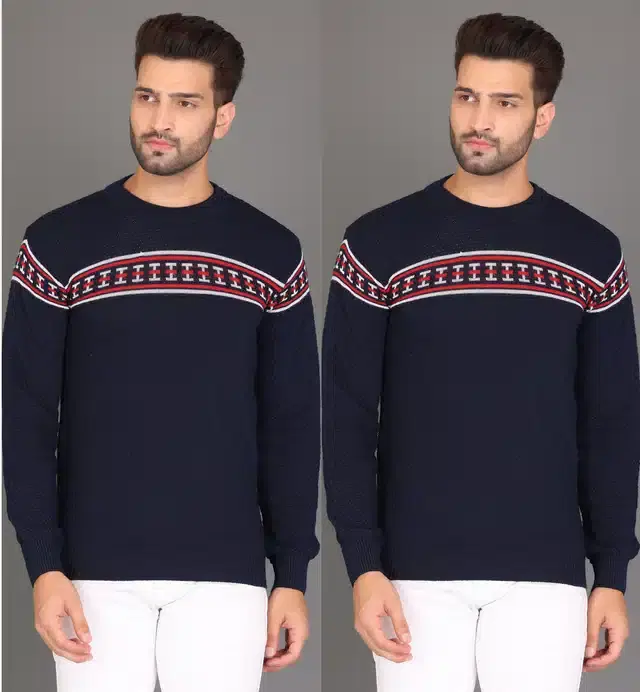 Cotton Jersey Printed Sweater for Men, Pack of 2 (Navy Blue, L)