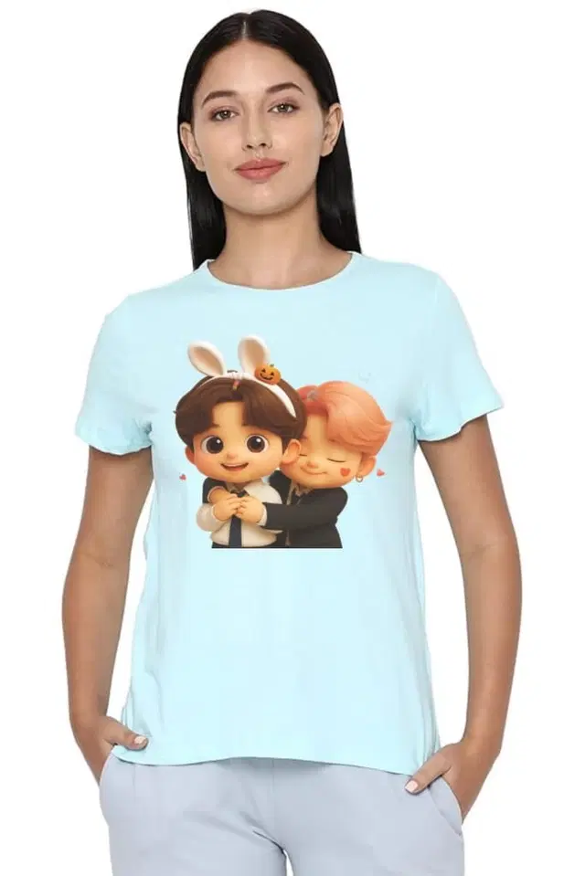 Cotton Blend Printed T-shirt for Women, Aqua Blue (L)