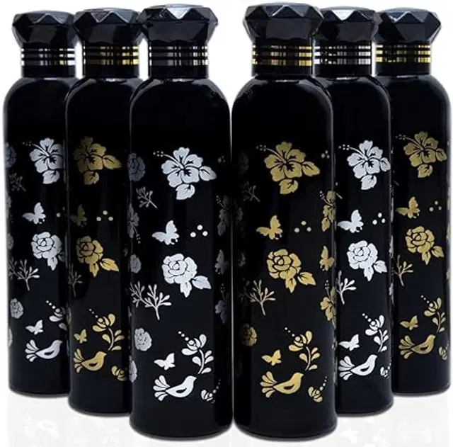 Plastic Unbreakable Flower Printed Water Bottles, Black, 1000 ml, Pack of 6