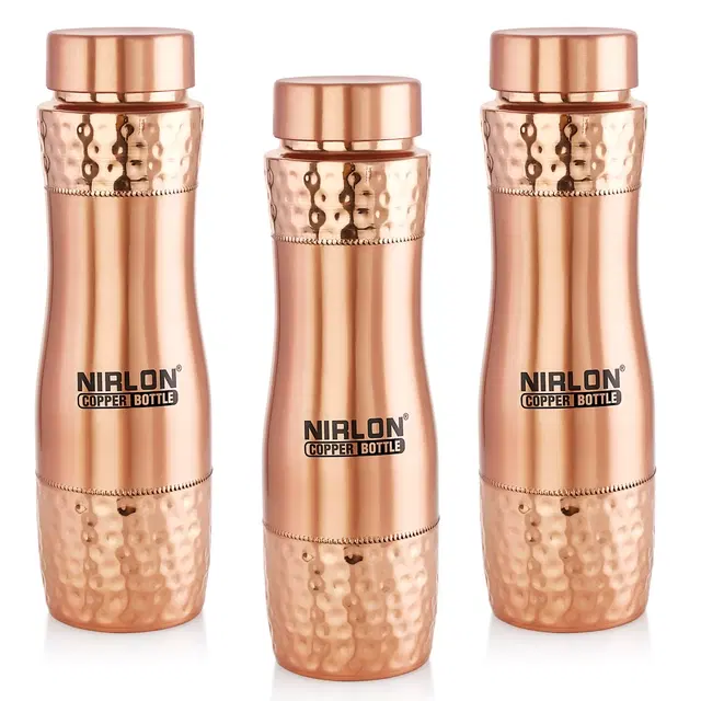 Nirlon Copper Tamba Designer Bottle With Advanced Leaf Proof Protection/Joint Less, Ayurveda And Yoga Health Benefits For Everyday Use, Tatva 950Ml, Set Of 3