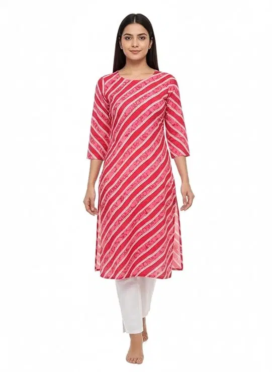 Cotton Blend Printed Kurti for Women, Pink (XL)