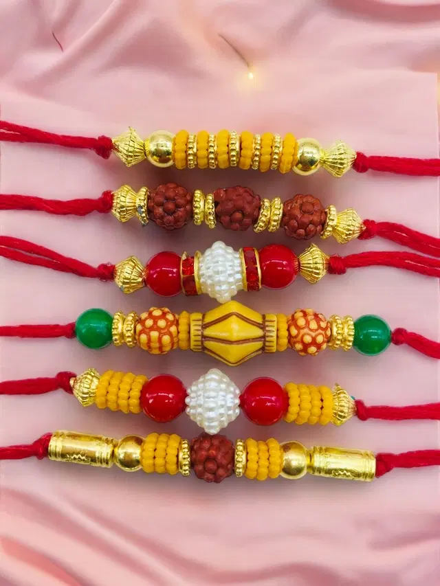 Handmade Designer Rakhi with Roli Chawal, Multicolor, Pack of 6
