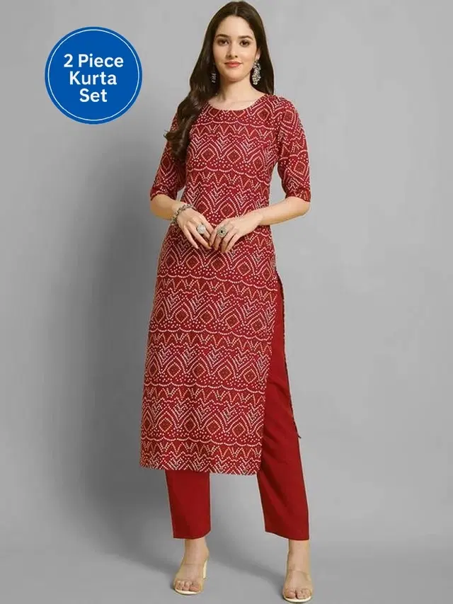 Crepe Bandhani Women's Kurta with Pant Set, Maroon (M)