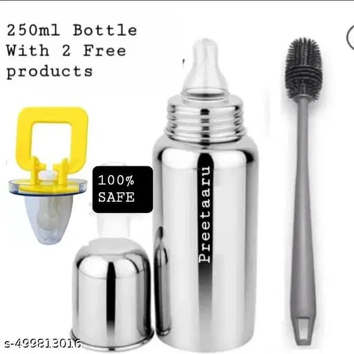 Steel Feeding Bottle 250Ml With Free Cleaning Brush And Pacifier