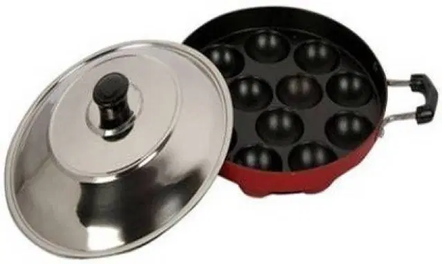 ZODEX 12 Cavities Non Stick Appam Patra with Lid and Side Handle, Multicolor, 21 cm