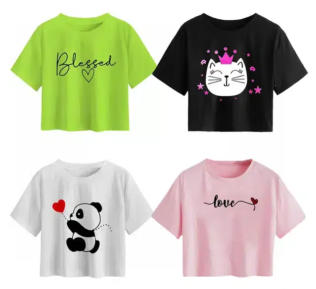 Cotton Printed Crop Tops for Girls, Pack of 4 (Multicolor, 10-11 Years)