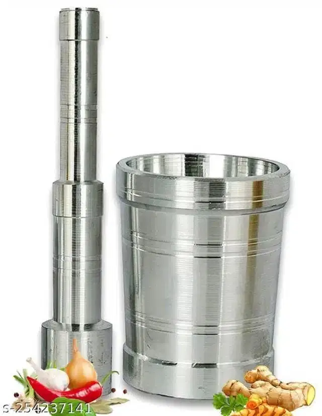 Aluminium Carved Mortar & Pestle, Silver, Set of 1