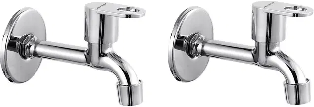 Stainless Steel Long Body Bib Cock Tap with Wall Flange, Silver, Set of 2
