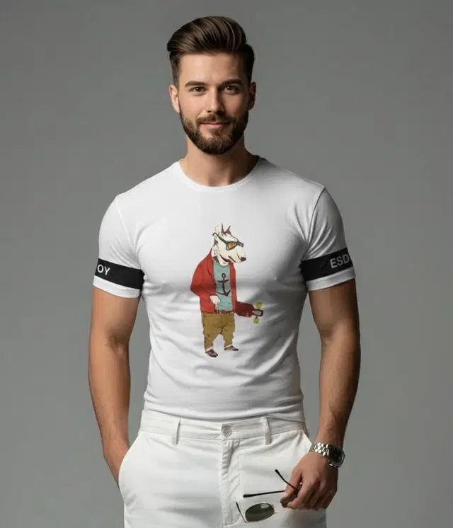 Polyester Printed T-shirt for Men, White (XL)